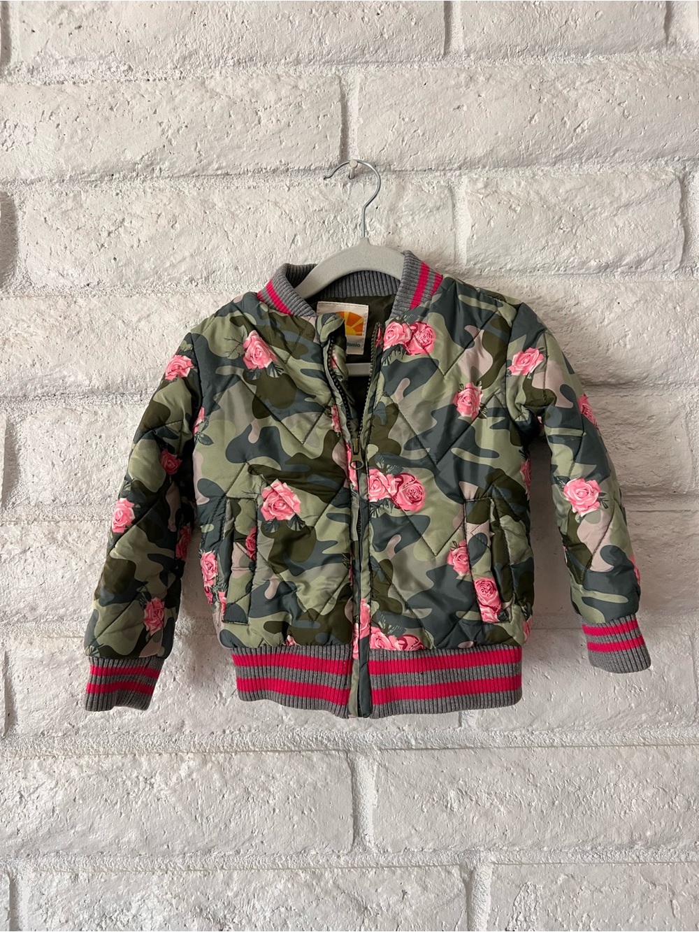 C&C California Girls' Camo & Pink Rose Puffer Bomber Jacket